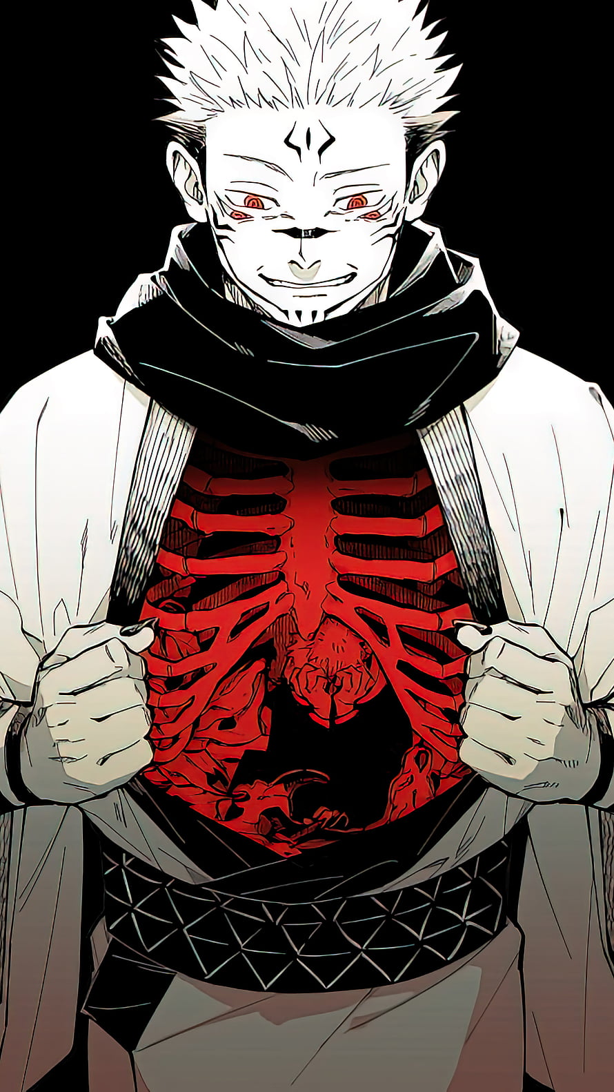Sukuna from Jujutsu Kaisen with glowing red skeletal torso and white spiky hair in dark anime style HD phone wallpaper