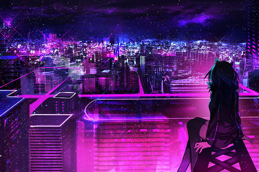 Anime Girl With Cat Ears Gazing At Neon Cyberpunk City At Night HD wallpaper