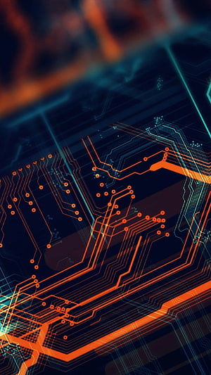 Glowing Circuit Board Traces in Orange and Cyan on Dark Background HD phone wallpaper