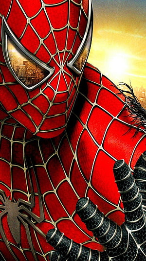 Spider-Man Close-Up Portrait in Classic Red Suit with Web Pattern and City Skyline Reflection HD phone wallpaper