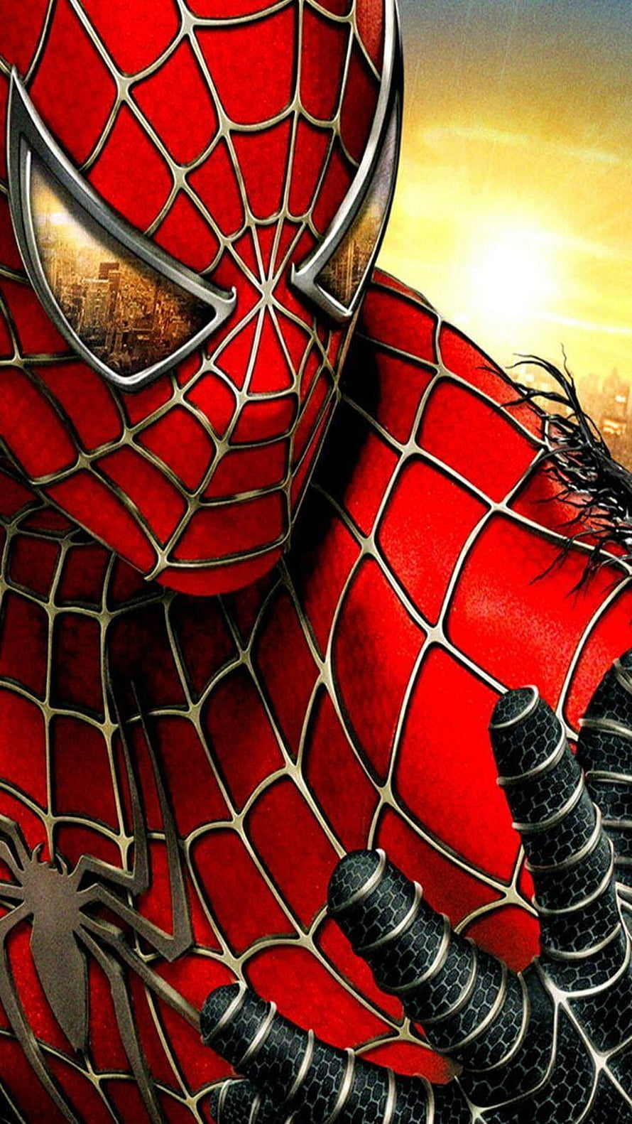 Spider-Man Close-Up Portrait in Classic Red Suit with Web Pattern and City Skyline Reflection HD phone wallpaper