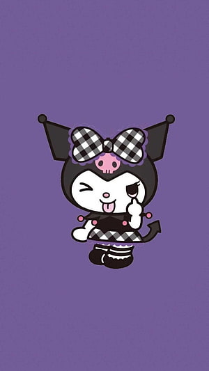 Cute Kuromi Winking with Tongue Out on Purple Background HD phone wallpaper