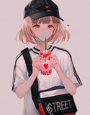 Anime Girl in Streetwear Holding Strawberry Boba Tea with Heart Design HD phone wallpaper