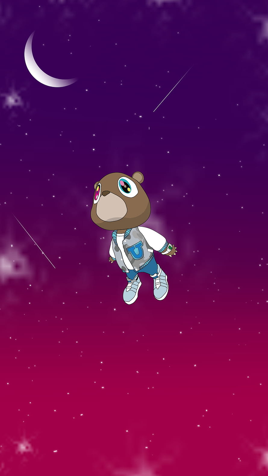 Cute Cartoon Bear Floating in Starry Night Sky with Crescent Moon HD phone wallpaper