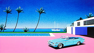 Hiroshi Nagai Retro Tropical Scene With Classic Convertible Car And Palm Trees HD wallpaper