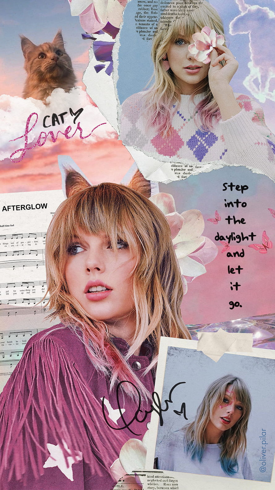 Taylor Swift Cat Lover Aesthetic Collage with Afterglow Lyrics and Floral Elements HD phone wallpaper