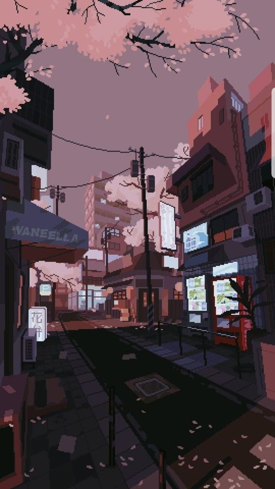 Pixel Art Japanese Street Scene with Cherry Blossoms and Urban Buildings HD phone wallpaper