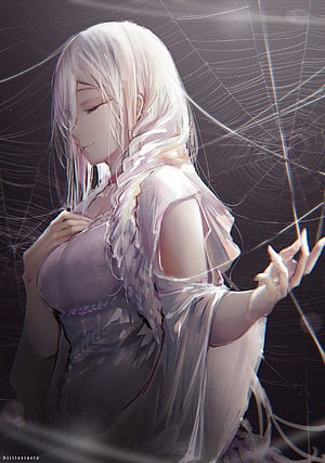 Shiraori Android Character in Ethereal White Dress with Spider Web Background HD phone wallpaper