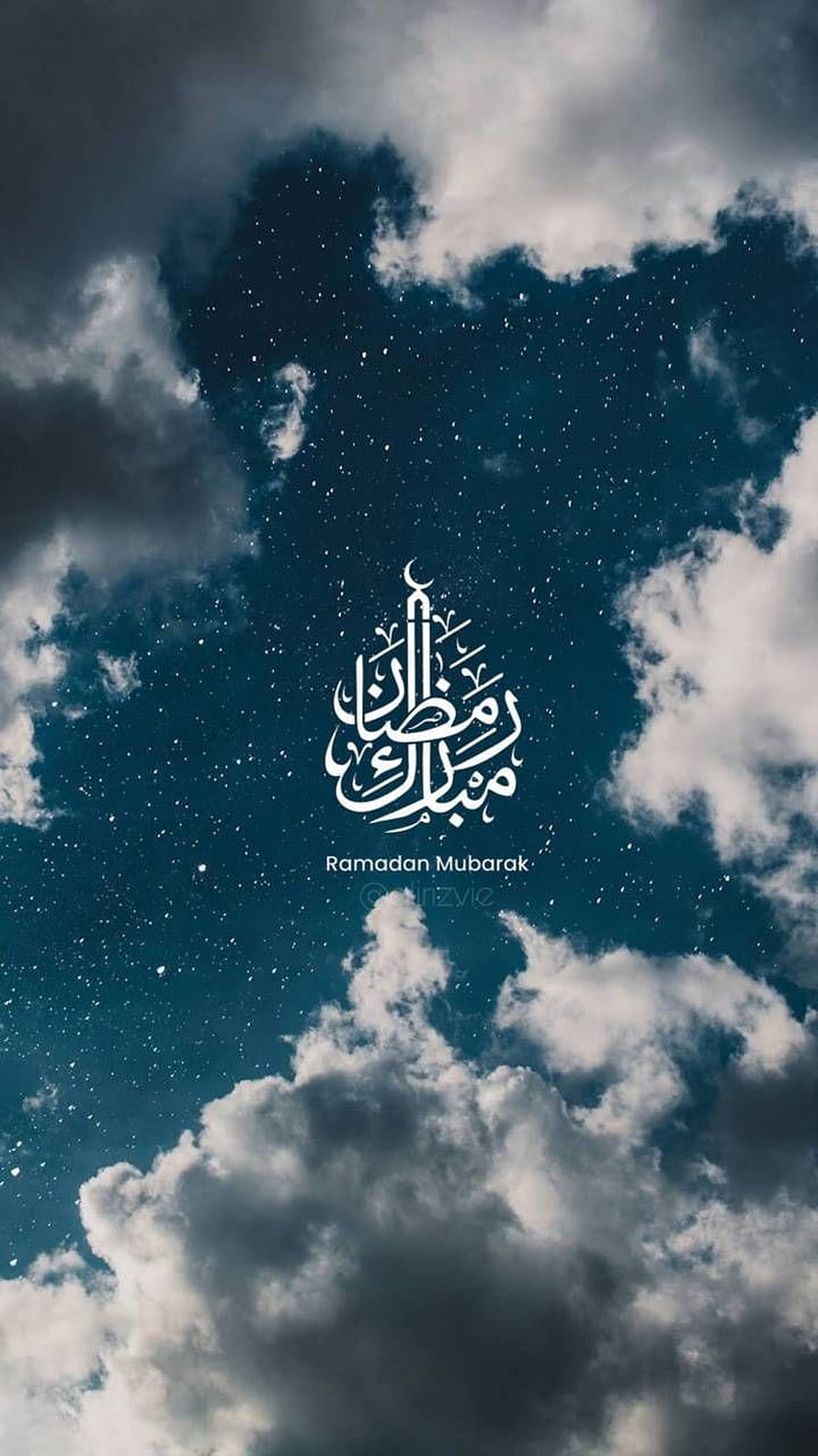 Ramadan Mubarak Calligraphy Art Against Dramatic Cloudy Sky and Starry Night HD phone wallpaper
