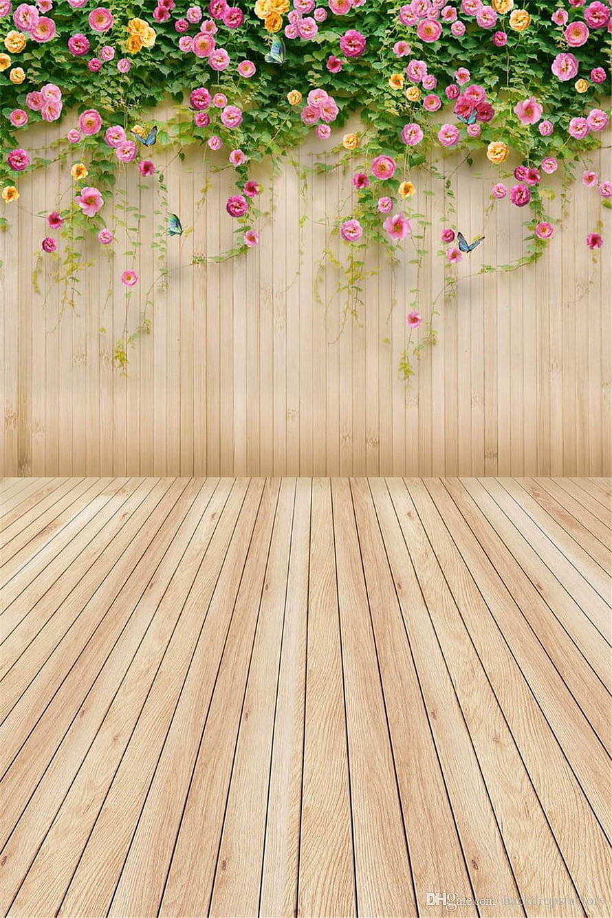 Spring Garden Photography Backdrop with Pink Roses and Wooden Plank Floor HD phone wallpaper