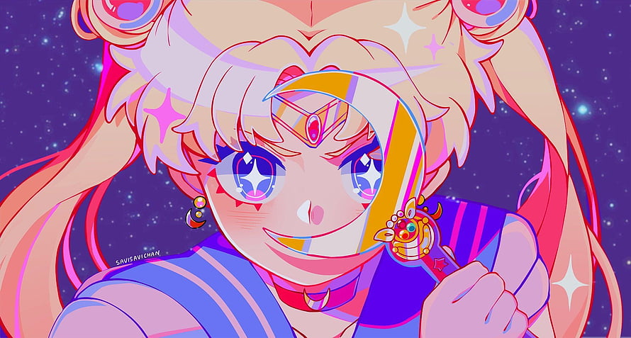 Sailor Moon Aesthetic Anime Girl with Crescent Moon Visor and Starry Night Background HD wallpaper