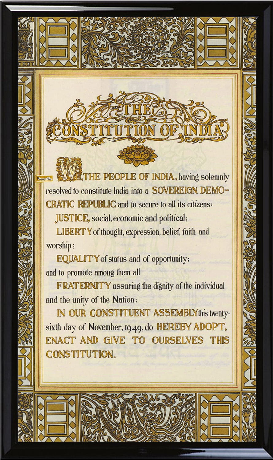 Framed Preamble of the Constitution of India with Ornate Gold and Black Decorative Border HD phone wallpaper