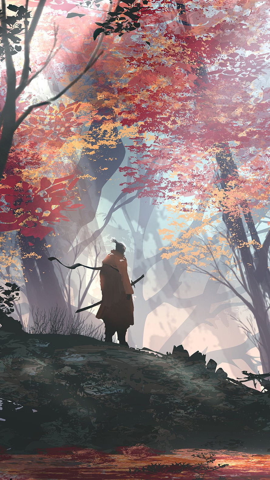 Lone Samurai Standing in Autumn Forest with Katana and Staff HD phone wallpaper
