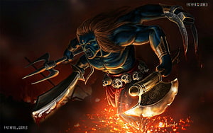 Fierce Blue-Skinned Warrior Wielding Trident and Axe in Fiery Inferno HD wallpaper