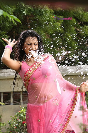 Trisha in a pink saree with water splashes in a lush garden setting HD phone wallpaper