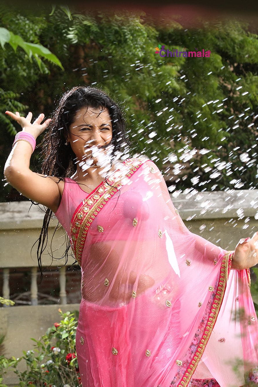 Trisha in a pink saree with water splashes in a lush garden setting HD phone wallpaper