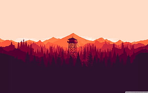 Stylized Fire Watchtower Silhouette Against Orange Mountain Range at Sunset HD wallpaper