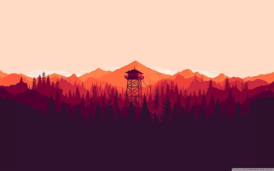 Stylized Fire Watchtower Silhouette Against Orange Mountain Range at Sunset HD wallpaper
