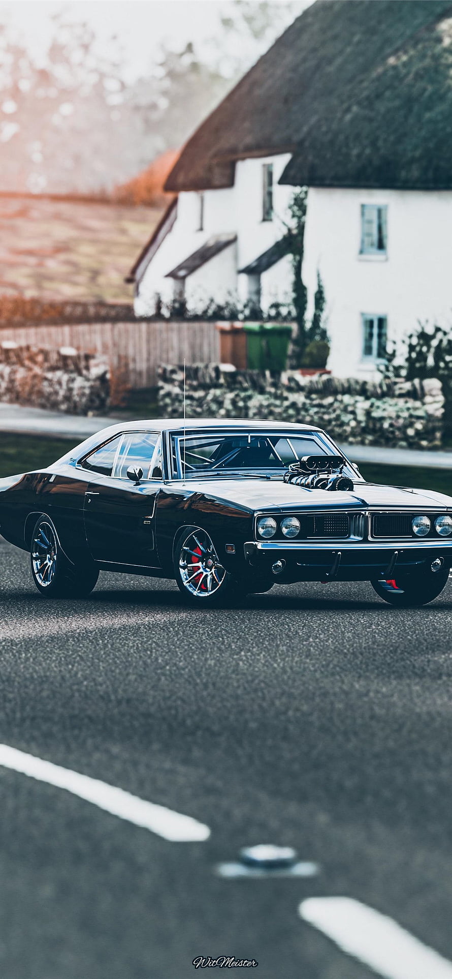 Black 1970 Dodge Charger R/T Muscle Car with Supercharger on Country Road HD phone wallpaper