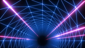 Neon Retro 3D Grid Tunnel with Glowing Blue and Pink Lines on Dark Background HD wallpaper