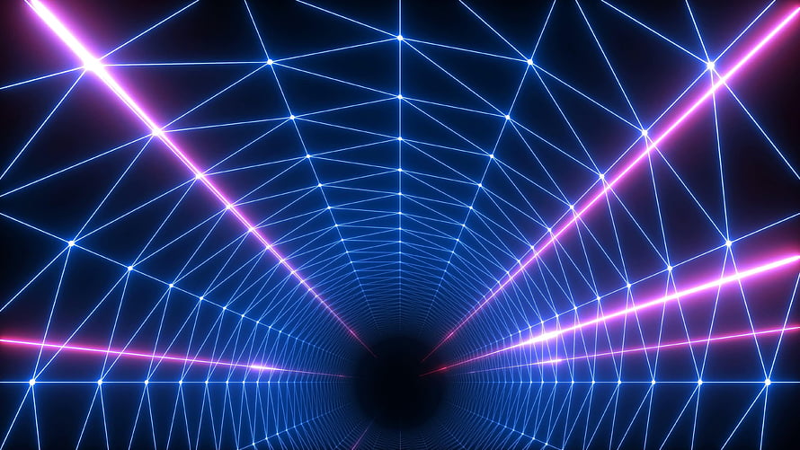 Neon Retro 3D Grid Tunnel with Glowing Blue and Pink Lines on Dark Background HD wallpaper