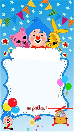 Plim Plim Birthday Invitation Template with Clown, Cat, and Rabbit Characters HD phone wallpaper