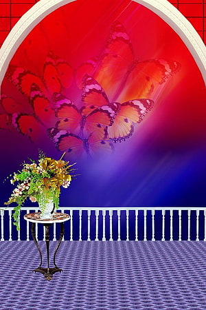 Vibrant Butterfly Archway with Floral Arrangement on Ornate Table HD phone wallpaper
