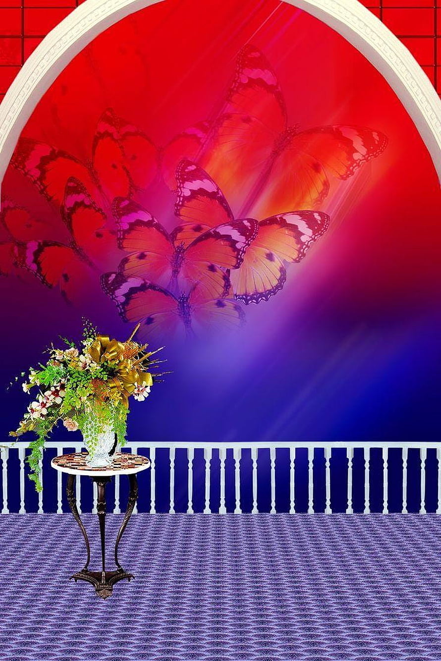 Vibrant Butterfly Archway with Floral Arrangement on Ornate Table HD phone wallpaper