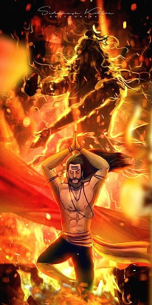 Ravana in Yoga Pose Amidst Fiery Inferno Digital Art HD phone wallpaper