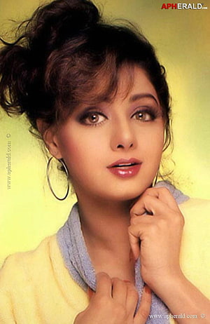Sridevi Portrait in Yellow Cardigan with Grey Scarf and Large Hoop Earrings HD phone wallpaper
