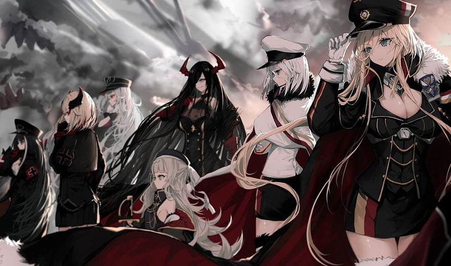 Azur Lane Bismarck and Ship Girls in Military Uniforms Under Stormy Skies HD wallpaper
