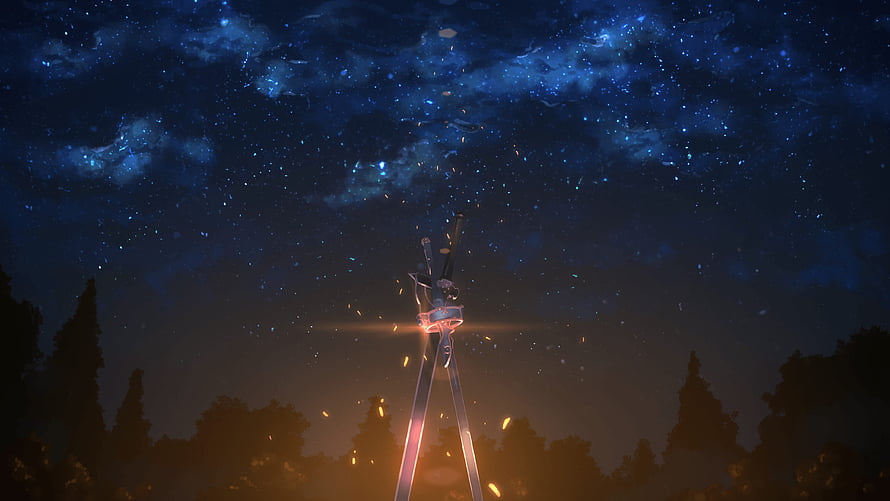 Sword Art Online: Glowing Blade Stuck in Ground Under Starry Night Sky HD wallpaper