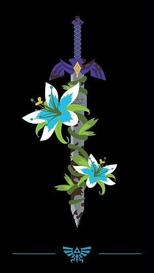 Minimalist Legend of Zelda Master Sword with Blue Lilies and Vines on Black Background HD phone wallpaper
