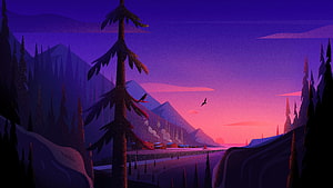 Stylized Mountain Valley at Dusk with Pine Trees and Small Village HD wallpaper