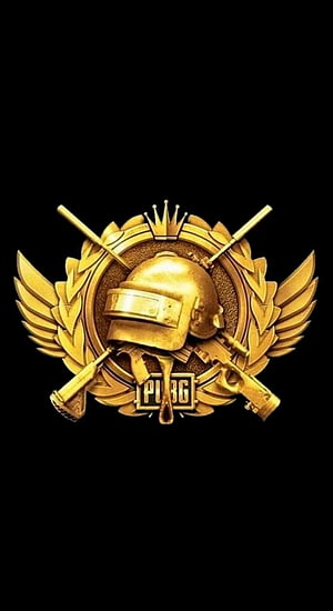 PUBG Conqueror Emblem with Golden Helmet, Crown, and Crossed Weapons on Black Background HD phone wallpaper