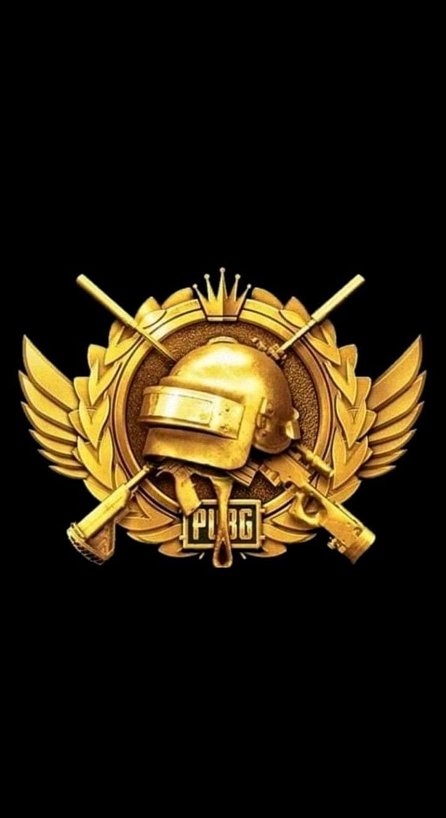 PUBG Conqueror Emblem with Golden Helmet, Crown, and Crossed Weapons on Black Background HD phone wallpaper