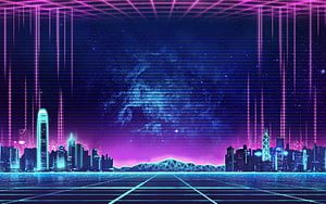 Neon Synthwave Cityscape with Retro Grid Floor and Starry Night Sky HD wallpaper