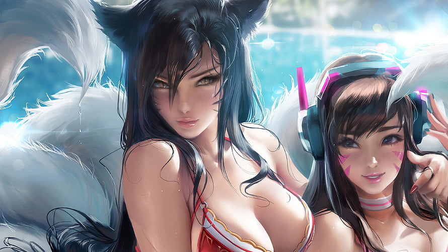 Ahri and D.Va in a vibrant anime style with fox ears and gaming headphones HD wallpaper