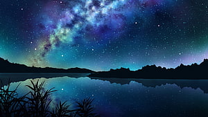 Anime Night Sky Over a Calm Lake with Starry Reflection and Silhouetted Hills HD wallpaper