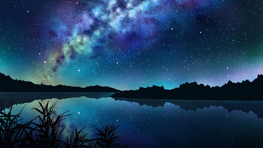 Anime Night Sky Over a Calm Lake with Starry Reflection and Silhouetted Hills HD wallpaper