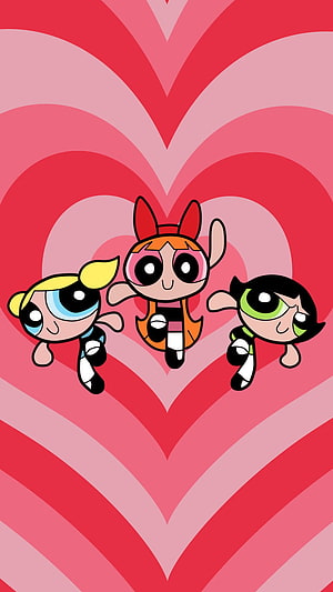 Powerpuff Girls Flying Through a Layered Pink Heart Pattern HD phone wallpaper