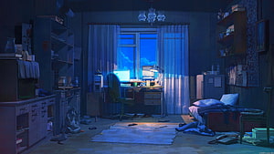 Moody Anime Bedroom Interior With Glowing Computer Desk And Night Window View HD wallpaper