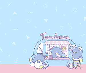 Tuxedosam Cute Penguin Food Truck Illustration with Pastel Blue and Pink Background HD wallpaper