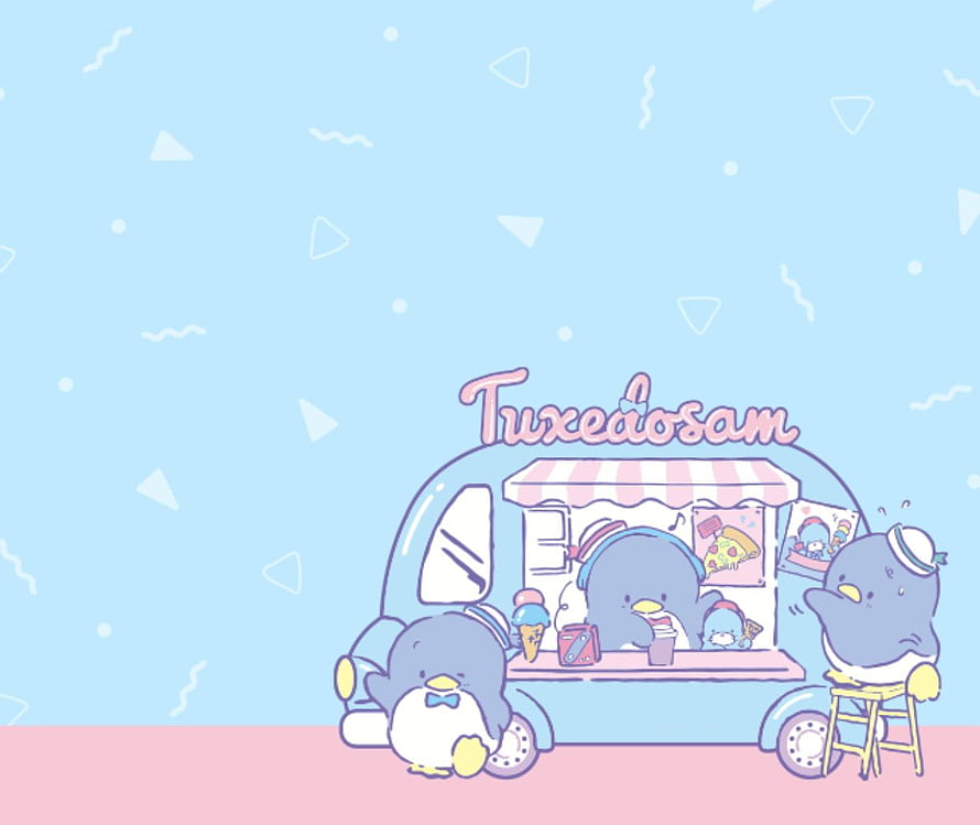 Tuxedosam Cute Penguin Food Truck Illustration with Pastel Blue and Pink Background HD wallpaper