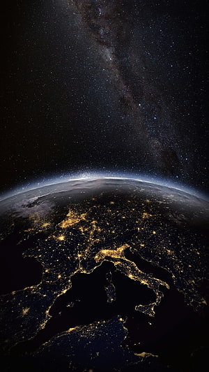 Earth at Night City Lights and Milky Way Galaxy View from Space HD phone wallpaper