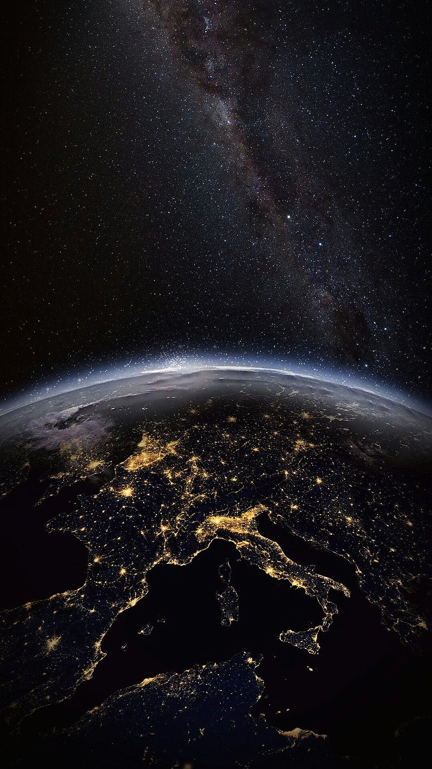 Earth at Night City Lights and Milky Way Galaxy View from Space HD phone wallpaper