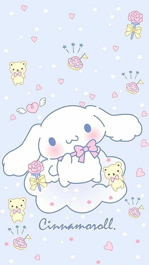 Cute Cinnamoroll on a Cloud with Pastel Hearts, Stars, and Teddy Bears HD phone wallpaper