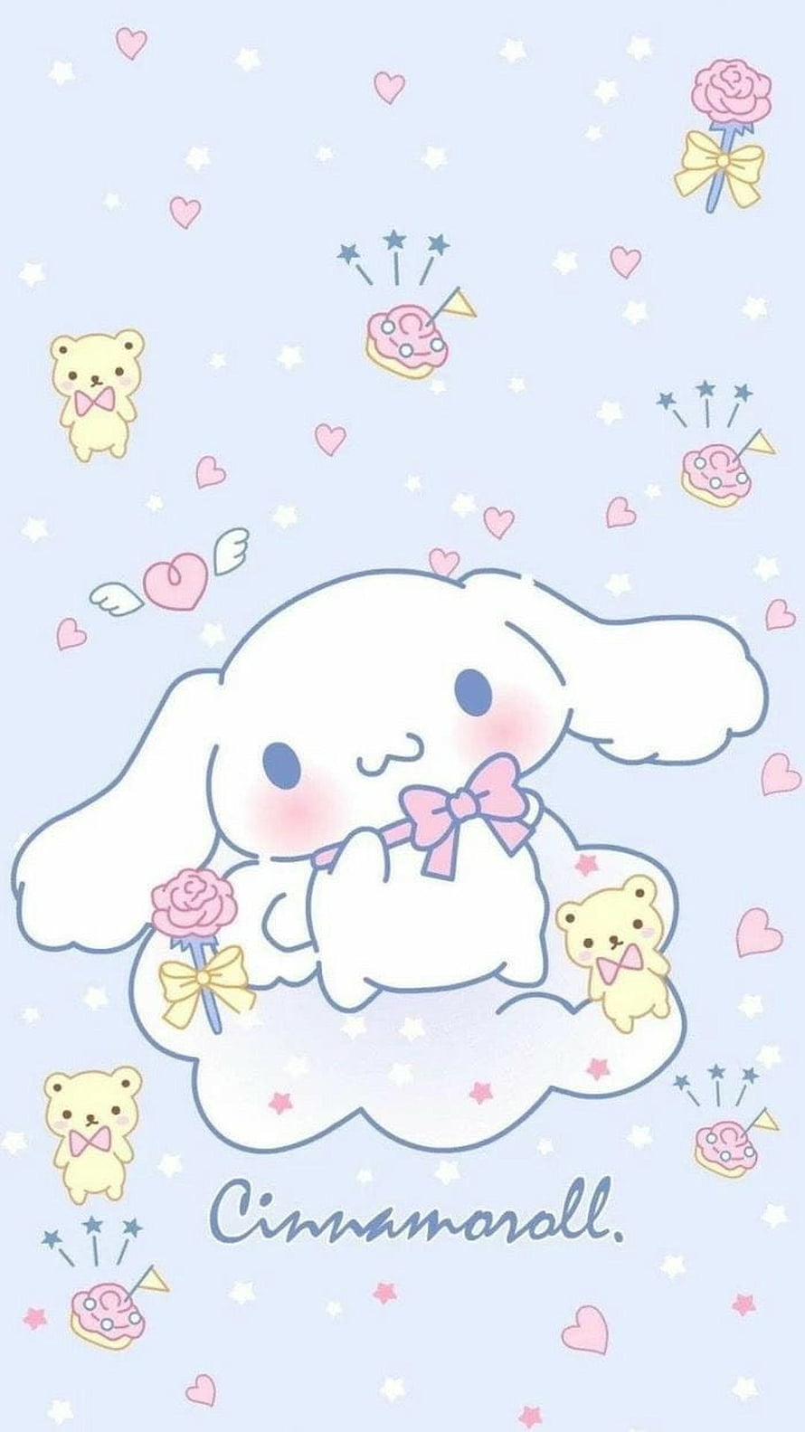 Cute Cinnamoroll on a Cloud with Pastel Hearts, Stars, and Teddy Bears HD phone wallpaper