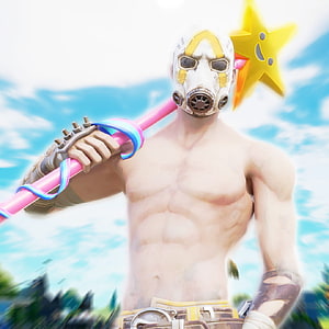 Fortnite Character Wearing Gas Mask Holding Pink Star Wand Against Blue Sky HD phone wallpaper
