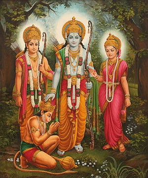 Ram Sita Hanuman and Lakshman in a Forest Setting Traditional Indian Painting, Ram Sita, ramsita HD phone wallpaper